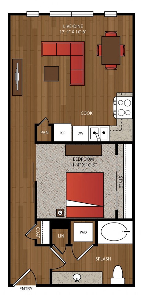 Floor plan for 1 bed, 1 bath, 693 sqft